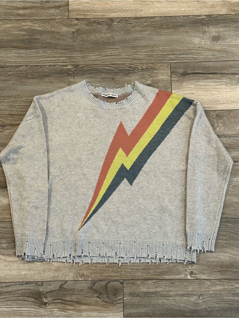 FRANKLIN + DAYSI Light Grey Crewneck Sweater with Lightning Bolt